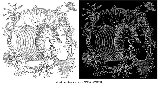 Art therapy coloring page for adults and children. Colouring pictures with mouse and cute house. Linear engraved art. Antistress freehand sketch drawing with doodle and zentangle elements.