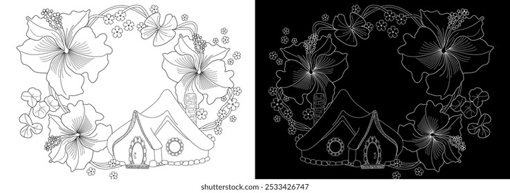 Art therapy coloring page for adults and children.The print is a whimsical design featuring a hand-drawn house and swallows among flowers. Ideal for those who want to feel more connected to nature.
