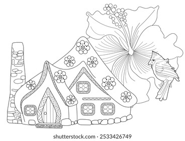 Art therapy coloring page for adults and children.The print is a whimsical design featuring a hand-drawn house and swallows among flowers. Ideal for those who want to feel more connected to nature.
