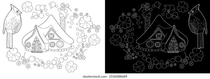 Dibujo para colorear de terapia artística para adultos y niños. El estampado es un diseño caprichoso que presenta una casa dibujada a mano y golondrinas entre flores. Ideal para aquellos que quieren sentirse más conectados con la naturaleza.
