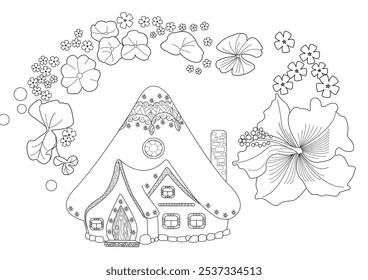 Art therapy coloring page for adults and children.The print is a whimsical design featuring a hand-drawn house and swallows among flowers. Ideal for those who want to feel more connected to nature.
