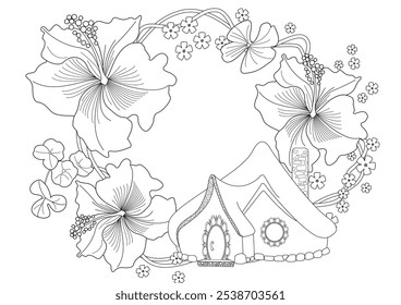 Art therapy coloring page for adults and children.The print is a whimsical design featuring a hand-drawn house and swallows among flowers. Ideal for those who want to feel more connected to nature.
