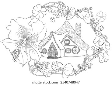 Art therapy coloring page for adults and children.The print is a whimsical design featuring a hand-drawn house and swallows among flowers. Ideal for those who want to feel more connected to nature.
