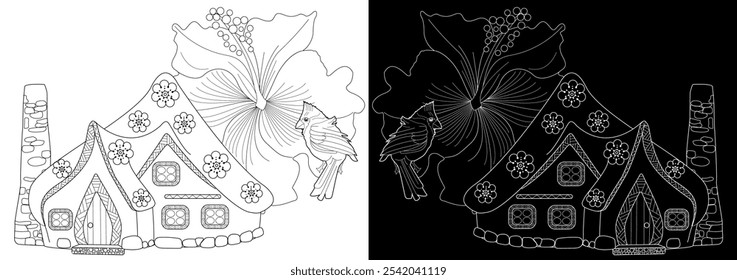 Art therapy coloring page for adults and children.The print is a whimsical design featuring a hand-drawn house and swallows among flowers. Ideal for those who want to feel more connected to nature.
