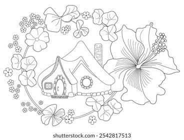 Dibujo para colorear de terapia artística para adultos y niños. El estampado es un diseño caprichoso que presenta una casa dibujada a mano y golondrinas entre flores. Ideal para aquellos que quieren sentirse más conectados con la naturaleza.
