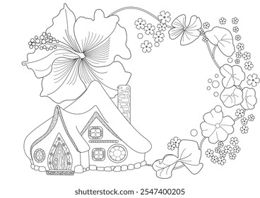 Dibujo para colorear de terapia artística para adultos y niños. El estampado es un diseño caprichoso que presenta una casa dibujada a mano y golondrinas entre flores. Ideal para aquellos que quieren sentirse más conectados con la naturaleza.
