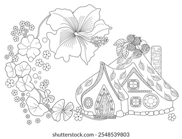 Dibujo para colorear de terapia artística para adultos y niños. El estampado es un diseño caprichoso que presenta una casa dibujada a mano y golondrinas entre flores. Ideal para aquellos que quieren sentirse más conectados con la naturaleza.
