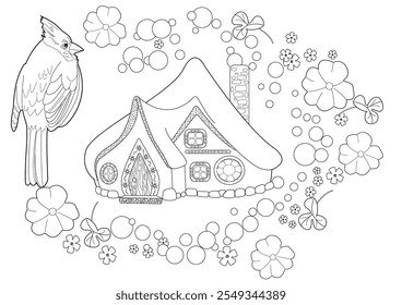 Dibujo para colorear de terapia artística para adultos y niños. El estampado es un diseño caprichoso que presenta una casa dibujada a mano y golondrinas entre flores. Ideal para aquellos que quieren sentirse más conectados con la naturaleza.
