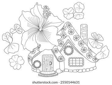 Dibujo para colorear de terapia artística para adultos y niños. El estampado es un diseño caprichoso que presenta una casa dibujada a mano y golondrinas entre flores. Ideal para aquellos que quieren sentirse más conectados con la naturaleza.
