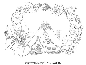 Art therapy coloring page for adults and children.The print is a whimsical design featuring a hand-drawn house and swallows among flowers. Ideal for those who want to feel more connected to nature.
