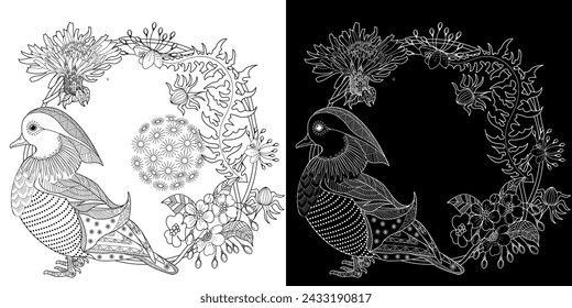 Art therapy coloring page. Asian duck hand drawn in vintage style with flowers. Linear engraved art. Bird concept. Romantic concept.