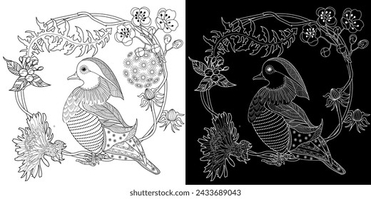 Art therapy coloring page. Asian duck hand drawn in vintage style with flowers. Linear engraved art. Bird concept. Romantic concept.