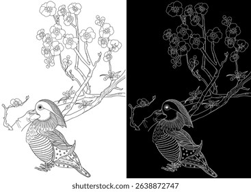 Art therapy coloring page. Asian duck and  flowers. The art of linear engraving. Bird concept. Romantic concept.
