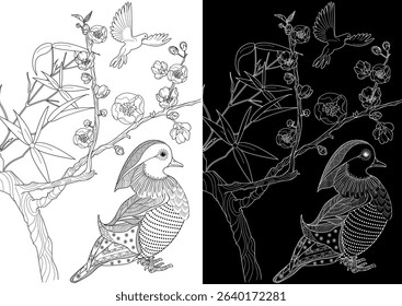 Art therapy coloring page. Asian duck and  flowers. The art of linear engraving. Bird concept. Romantic concept.
