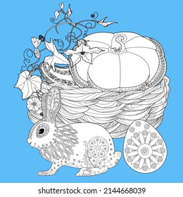 Art therapy coloring page. Basket and easter bunny. The art of linear engraving. Cute  background for wallpaper, gift paper, pattern fills, textile, greetings cards