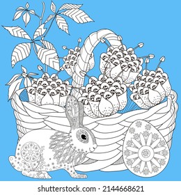 Art therapy coloring page. Basket and easter bunny. The art of linear engraving. Cute  background for wallpaper, gift paper, pattern fills, textile, greetings cards
