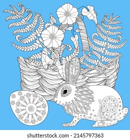 Art therapy coloring page. Basket and easter bunny. The art of linear engraving. Cute  background for wallpaper, gift paper, pattern fills, textile, greetings cards