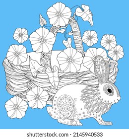 Art therapy coloring page. Basket and easter bunny. The art of linear engraving. Cute  background for wallpaper, gift paper, pattern fills, textile, greetings cards