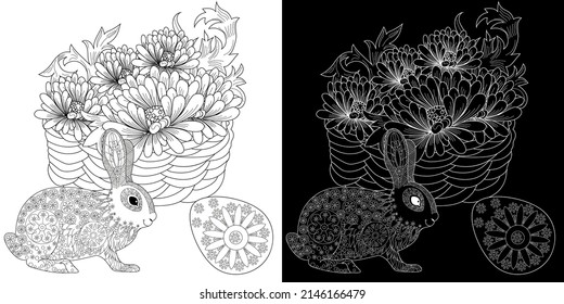 Art therapy coloring page. Basket and easter bunny. The art of linear engraving. Cute  background for wallpaper, gift paper, pattern fills, textile, greetings cards 
