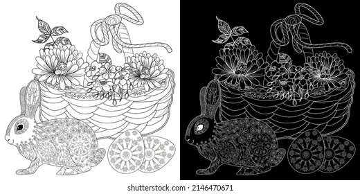 Art therapy coloring page. Basket and easter bunny. The art of linear engraving. Cute  background for wallpaper, gift paper, pattern fills, textile, greetings cards 
