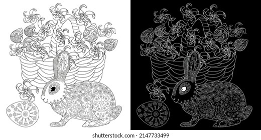 Art therapy coloring page. Basket and easter bunny. The art of linear engraving. Cute  background for wallpaper, gift paper, pattern fills, textile, greetings cards 
