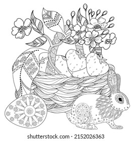 Art therapy coloring page. Basket and easter bunny. The art of linear engraving. Cute  background for wallpaper, gift paper, pattern fills, textile, greetings cards 
