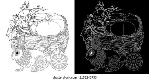 Art therapy coloring page. Basket and easter bunny. The art of linear engraving. Cute  background for wallpaper, gift paper, pattern fills, textile, greetings cards 
