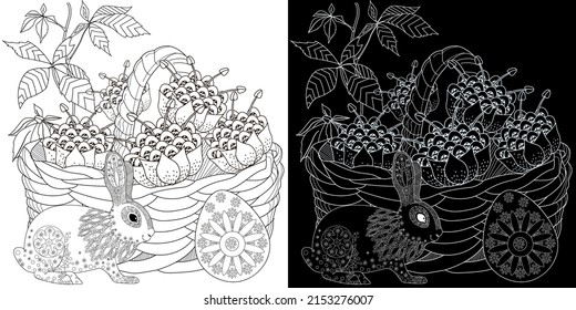 Art therapy coloring page. Basket and easter bunny. The art of linear engraving. Cute  background for wallpaper, gift paper, pattern fills, textile, greetings cards 
