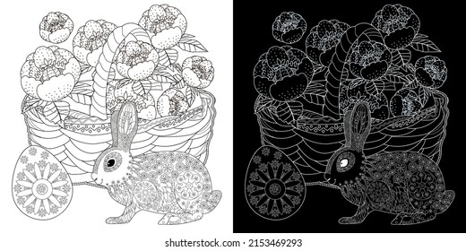 Art therapy coloring page. Basket and easter bunny. The art of linear engraving. Cute  background for wallpaper, gift paper, pattern fills, textile, greetings cards 
