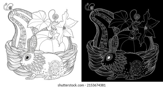 Art therapy coloring page. Basket and easter bunny. The art of linear engraving. Cute  background for wallpaper, gift paper, pattern fills, textile, greetings cards 
