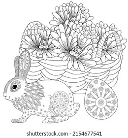 Art therapy coloring page. Basket and easter bunny. The art of linear engraving. Cute  background for wallpaper, gift paper, pattern fills, textile, greetings cards