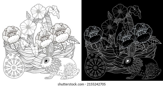 Art therapy coloring page. Basket and easter bunny. The art of linear engraving. Cute  background for wallpaper, gift paper, pattern fills, textile, greetings cards