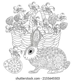 Art therapy coloring page. Basket and easter bunny. The art of linear engraving. Cute  background for wallpaper, gift paper, pattern fills, textile, greetings cards 
