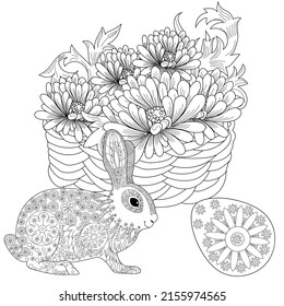 Art therapy coloring page. Basket and easter bunny. The art of linear engraving. Cute  background for wallpaper, gift paper, pattern fills, textile, greetings cards 
