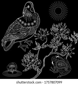 Art therapy coloring page. Birds hand drawn in vintage style with flowers. Asian duck and blossom branches of cherry. Linear engraved art. Bird concept. Romantic concept.