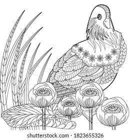 Art therapy coloring page. Birds hand drawn in vintage style with flowers. Asian duck and lilies. The art of linear engraving. Bird concept. Romantic concept.