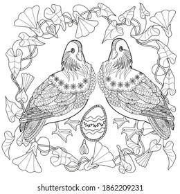 Art therapy coloring page. Birds hand drawn in vintage style with flowers. Asian duck and blossom branches. Linear engraved art. Bird concept. Romantic concept. 
