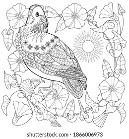 Art therapy coloring page. Birds hand drawn in vintage style with flowers. Asian duck and blossom branches. Linear engraved art. Bird concept. Romantic concept. 