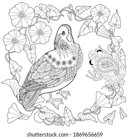 Art therapy coloring page. Birds hand drawn in vintage style with flowers. Asian duck and blossom branches. Linear engraved art. Bird concept. Romantic concept. 