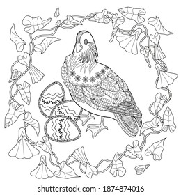 Art therapy coloring page. Birds hand drawn in vintage style with flowers. Asian duck and blossom branches of cherry. Linear engraved art. Bird concept. Romantic concept.