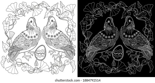 Art therapy coloring page. Birds hand drawn in vintage style with flowers. Asian duck and blossom branches of cherry. Linear engraved art. Bird concept. Romantic concept.