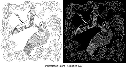 Art therapy coloring page. Birds hand drawn in vintage style with flowers. Asian duck and blossom branches. Linear engraved art. Bird concept. Romantic concept. 