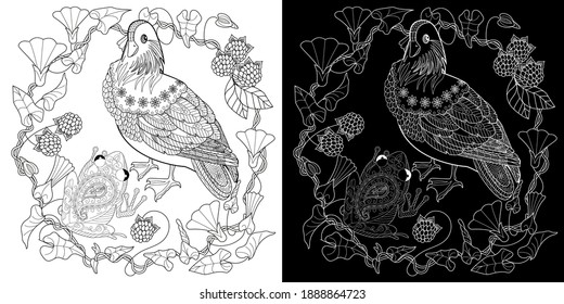 Art therapy coloring page. Birds hand drawn in vintage style with flowers. Asian duck and blossom branches. Linear engraved art. Bird concept. Romantic concept. 