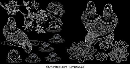 Art therapy coloring page. Birds hand drawn in vintage style with flowers. Asian duck and blossom branches. Linear engraved art. Bird concept. Romantic concept. 