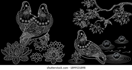 Art therapy coloring page. Birds hand drawn in vintage style with flowers. Asian duck and lilies. The art of linear engraving. Bird concept. Romantic concept.