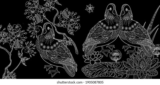 Art therapy coloring page. Birds hand drawn in vintage style with flowers. Asian duck and lilies. The art of linear engraving. Bird concept. Romantic concept.