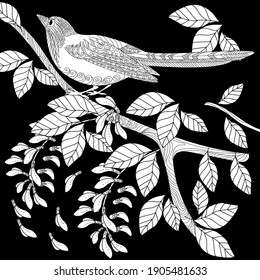Art therapy coloring page. Birds hand drawn in vintage style with flowers. Magpie and flowers. The art of linear engraving. Bird concept. Romantic concept.