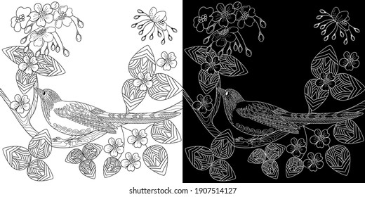 Art therapy coloring page. Birds hand drawn in vintage style with flowers. Magpie and flowers. The art of linear engraving. Bird concept. Romantic concept.