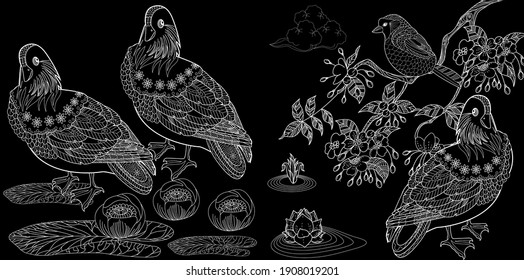 Página de coloreo de la terapia artística. Aves dibujadas a mano en un estilo vintage con flores. Pato y lirios asiáticos. El arte del grabado lineal. Concepto de pájaro. Concepto romántico.