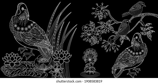 Art therapy coloring page. Birds hand drawn in vintage style with flowers. Asian duck and lilies. The art of linear engraving. Bird concept. Romantic concept.